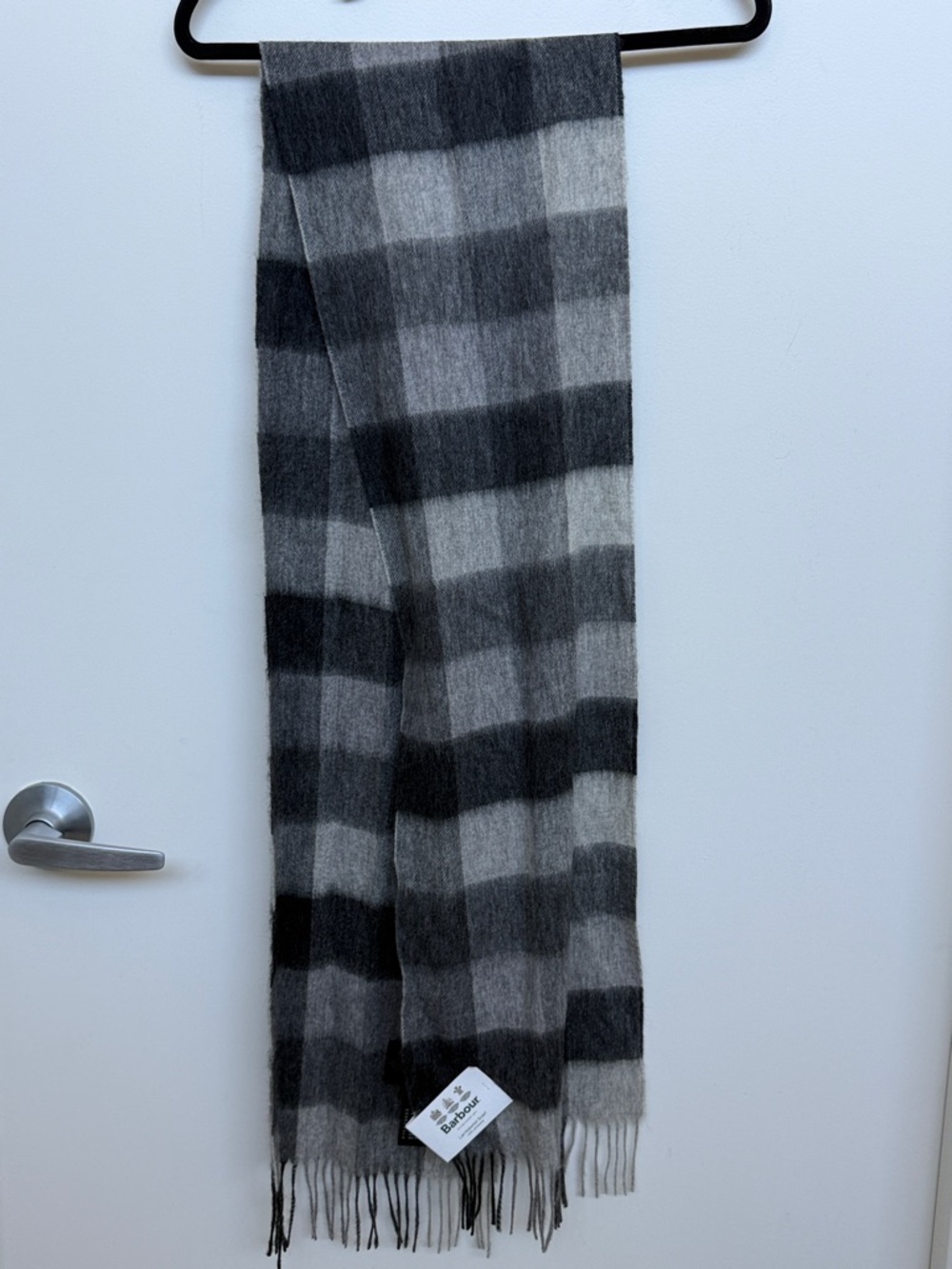 NWT Barbour Gray Plaid Lambswool Scarf with Fringe